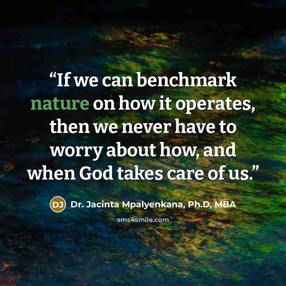 “If we can benchmark nature on how it operates, then we never have to worry about how, and when God takes care of us.” quote by Dr. Jacinta Mpalyenkana, Ph.D, MBA