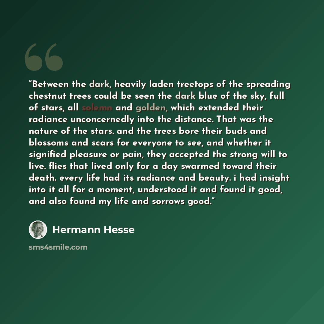 “Between the dark, heavily laden treetops of the spreading chestnut trees could be seen the dark blue of the sky, full of stars, all solemn and golden, which extended their radiance unconcernedly into the distance. That was the nature of the stars. and the trees bore their buds and blossoms and…” quote by Hermann Hesse