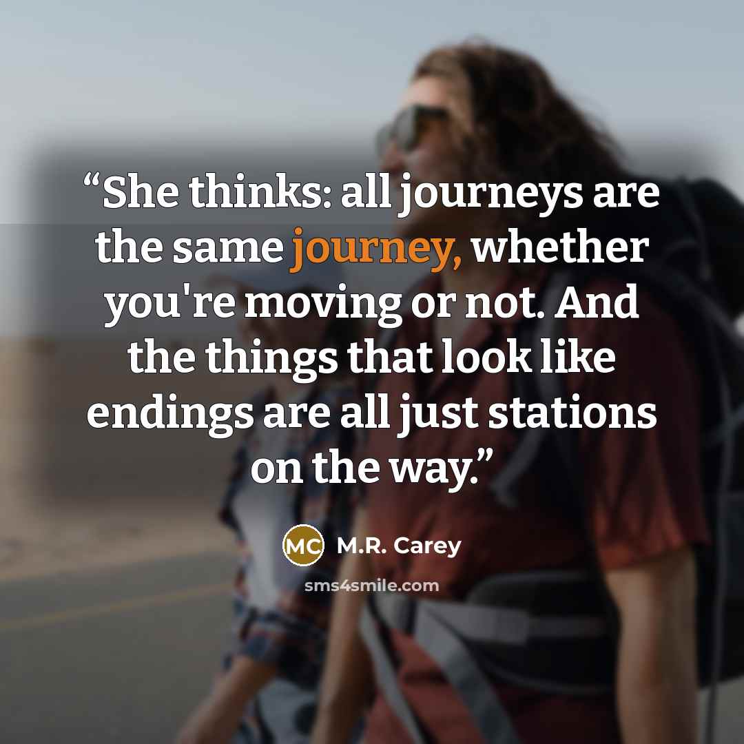 “She thinks: all journeys are the same journey, whether you're moving or not. And the things that look like endings are all just stations on the way.” quote by M.R. Carey