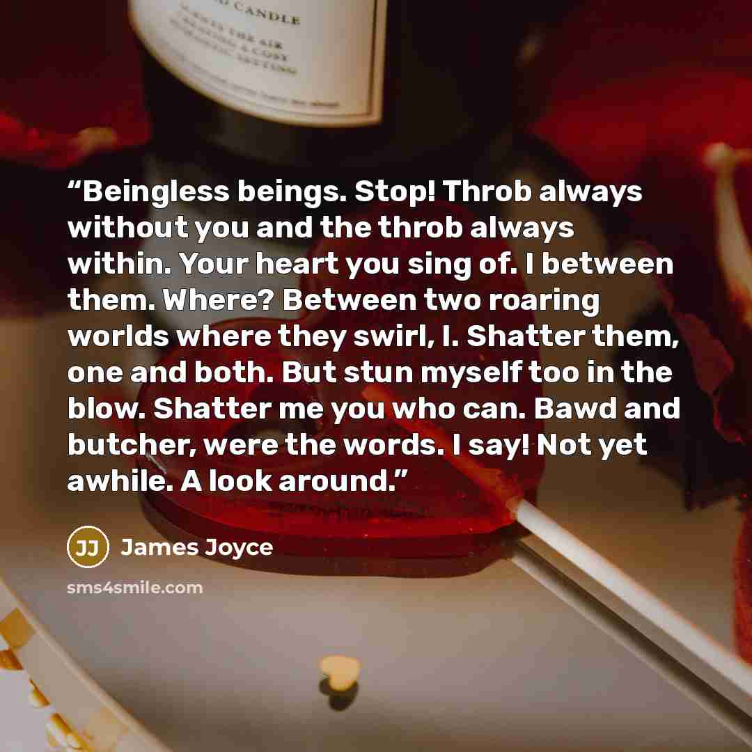 “Beingless beings. Stop! Throb always without you and the throb always within. Your heart you sing of. I between them. Where? Between two roaring worlds where they swirl, I. Shatter them, one and both. But stun myself too in the blow. Shatter me you who can. Bawd and butcher, were the words. I say!…” quote by James Joyce