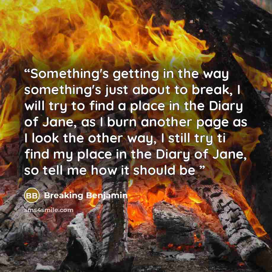 “Something's getting in the way something's just about to break, I will try to find a place in the Diary of Jane, as I burn another page as I look the other way, I still try ti find my place in the Diary of Jane, so tell me how it should be” quote by Breaking Benjamin