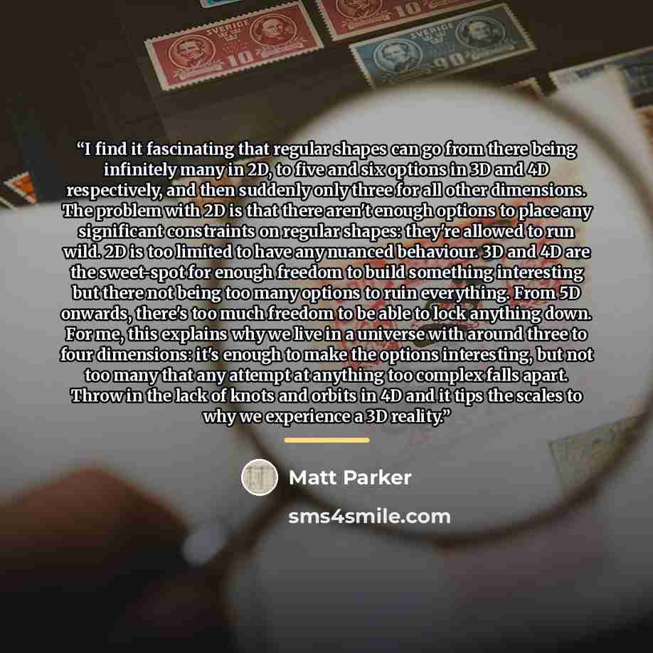 “I find it fascinating that regular shapes can go from there being infinitely many in 2D, to five and six options in 3D and 4D respectively, and then suddenly only three for all other dimensions. The problem with 2D is that there aren't enough options to place any significant constraints on regular…” quote by Matt Parker