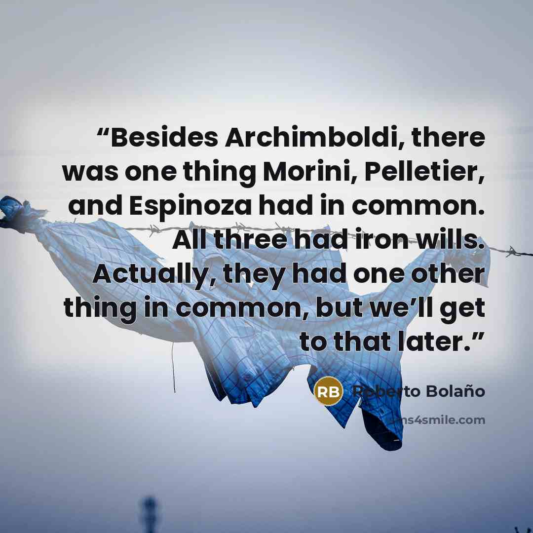 “Besides Archimboldi, there was one thing Morini, Pelletier, and Espinoza had in common. All three had iron wills. Actually, they had one other thing in common, but we’ll get to that later.” quote by Roberto Bolaño
