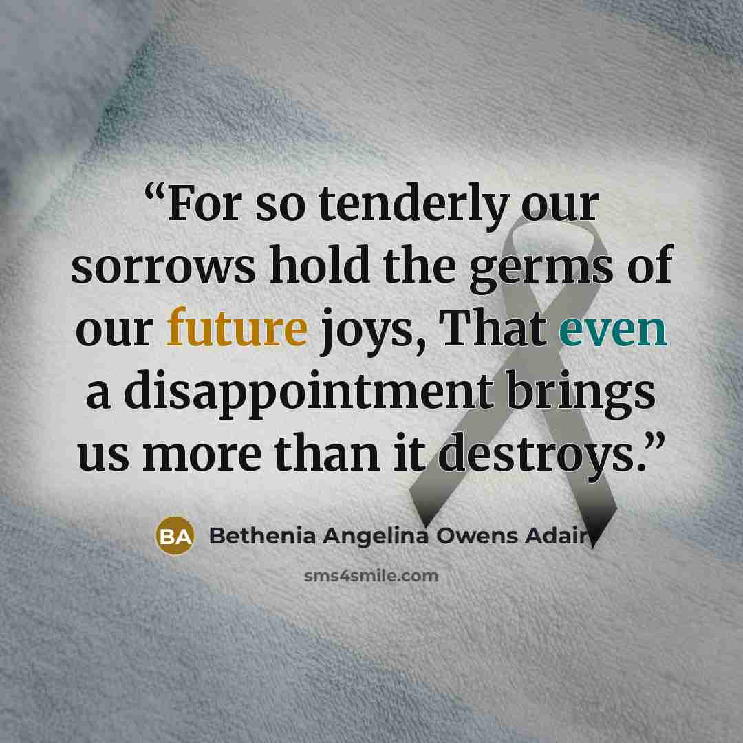 “For so tenderly our sorrows hold the germs of our future joys, That even a disappointment brings us more than it destroys.” quote by Bethenia Angelina Owens Adair