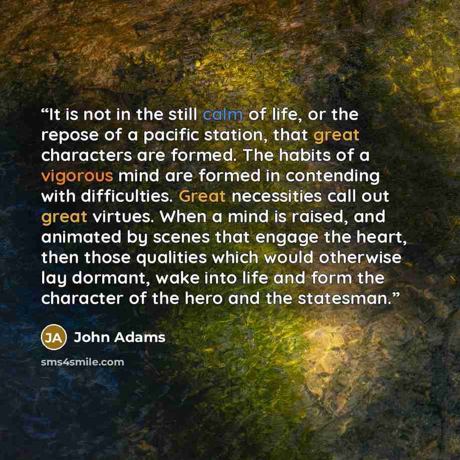 “It is not in the still calm of life, or the repose of a pacific station, that great characters are formed. The habits of a vigorous mind are formed in contending with difficulties. Great necessities call out great virtues. When a mind is raised, and animated by scenes that engage the heart, then…” quote by John Adams