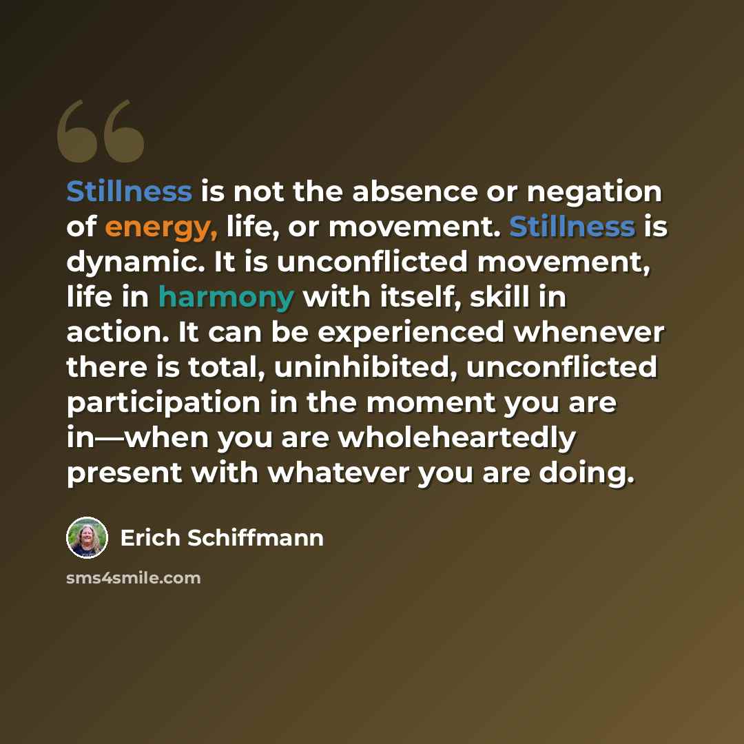 “Stillness is not the absence or negation of energy, life, or movement. Stillness is dynamic. It is unconflicted movement, life in harmony with itself, skill in action. It can be experienced whenever there is total, uninhibited, unconflicted participation in the moment you are in—when you are…” quote by Erich Schiffmann
