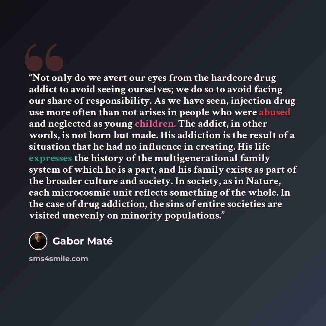 “Not only do we avert our eyes from the hardcore drug addict to avoid seeing ourselves; we do so to avoid facing our share of responsibility. As we have seen, injection drug use more often than not arises in people who were abused and neglected as young children. The addict, in other words, is not…” quote by Gabor Maté