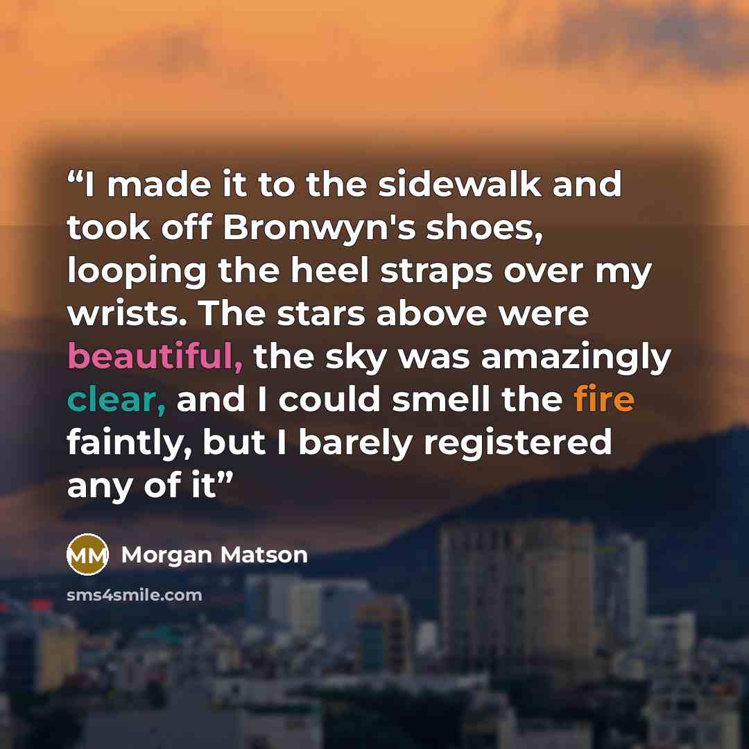 “I made it to the sidewalk and took off Bronwyn's shoes, looping the heel straps over my wrists. The stars above were beautiful, the sky was amazingly clear, and I could smell the fire faintly, but I barely registered any of it” quote by Morgan Matson