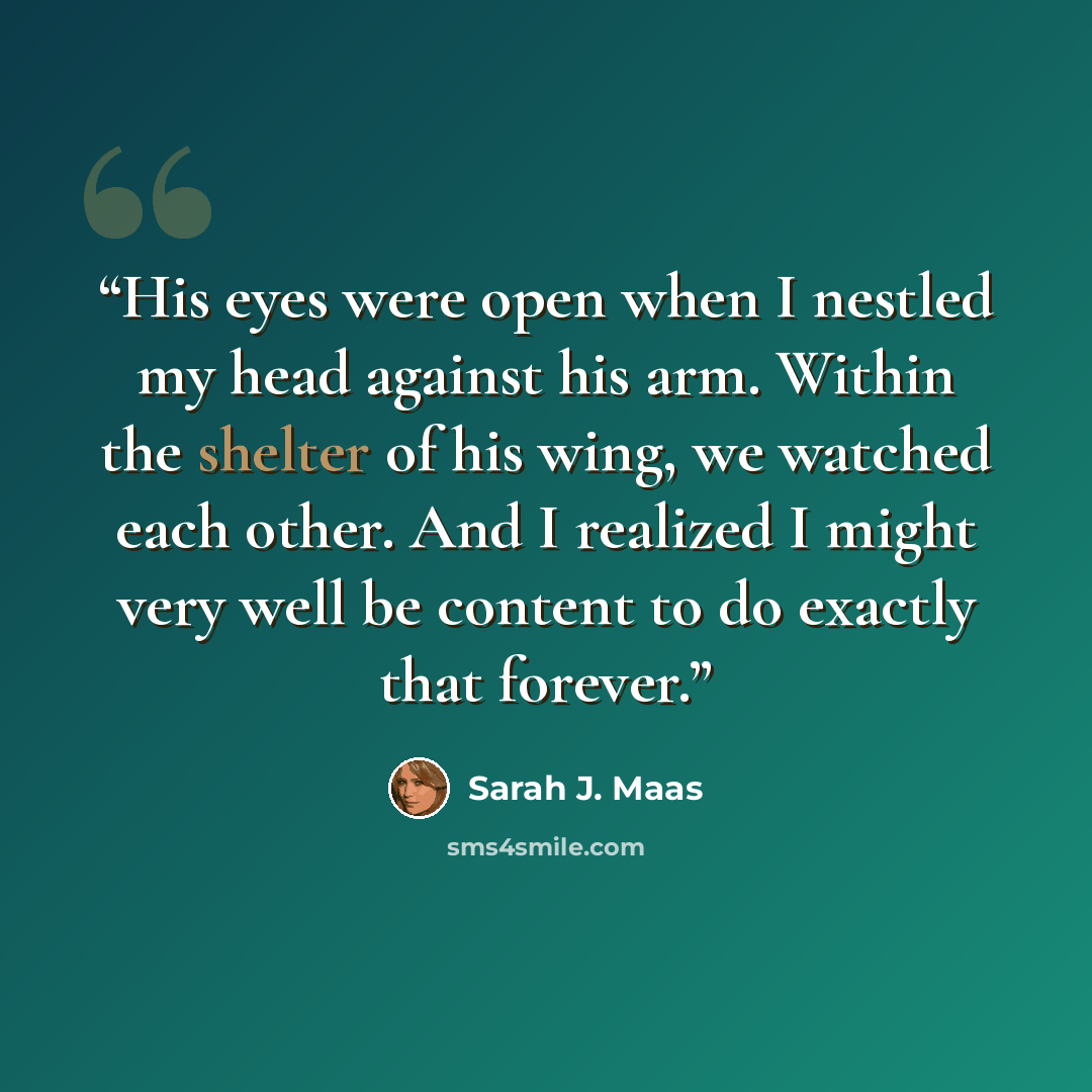 “His eyes were open when I nestled my head against his arm. Within the shelter of his wing, we watched each other. And I realized I might very well be content to do exactly that forever.” quote by Sarah J. Maas