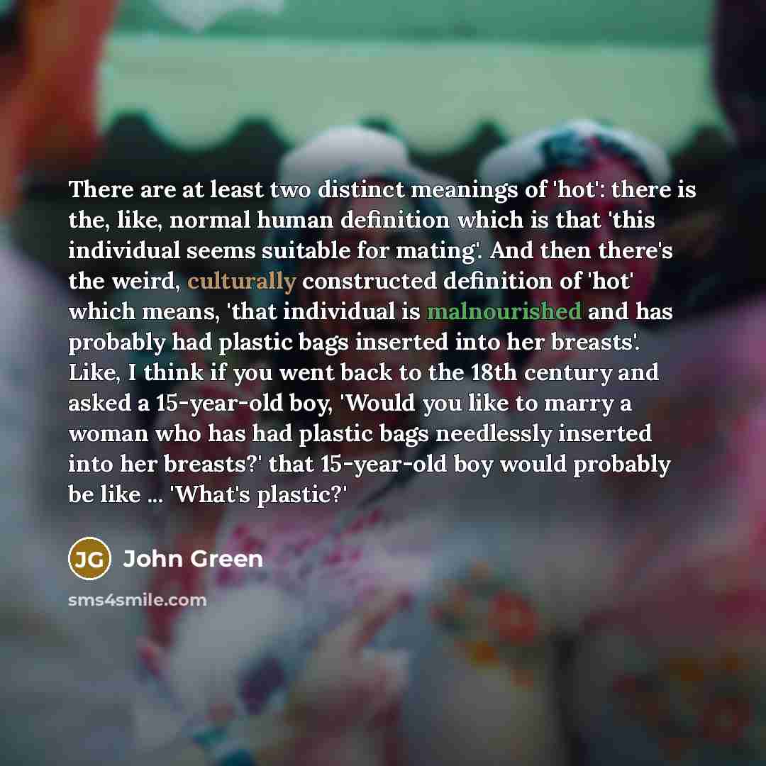 “There are at least two distinct meanings of 'hot': there is the, like, normal human definition which is that 'this individual seems suitable for mating'. And then there's the weird, culturally constructed definition of 'hot' which means, 'that individual is malnourished and has probably had…” quote by John Green