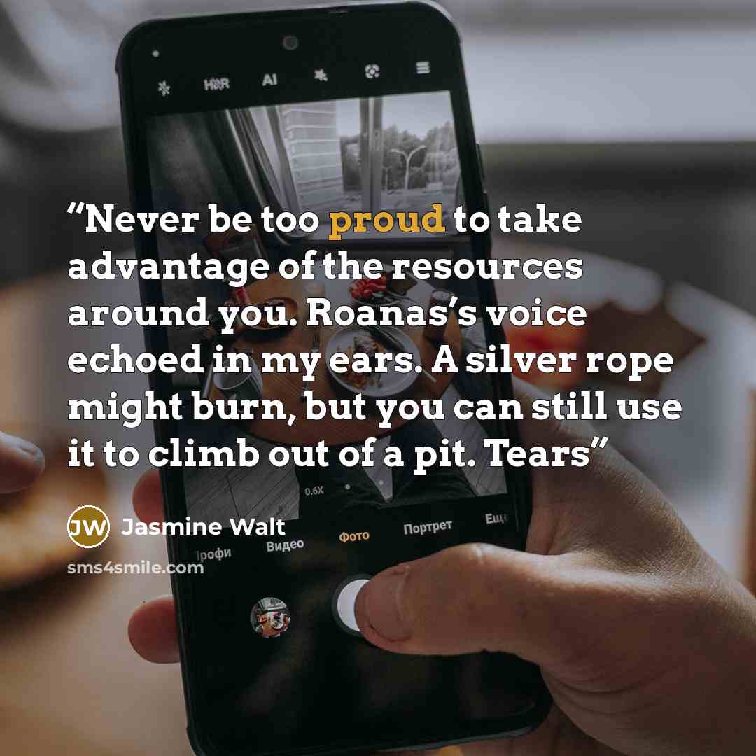 “Never be too proud to take advantage of the resources around you. Roanas’s voice echoed in my ears. A silver rope might burn, but you can still use it to climb out of a pit. Tears” quote by Jasmine Walt