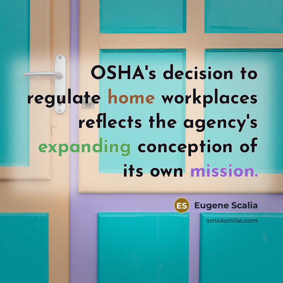 “OSHA's decision to regulate home workplaces reflects the agency's expanding conception of its own mission.” quote by Eugene Scalia