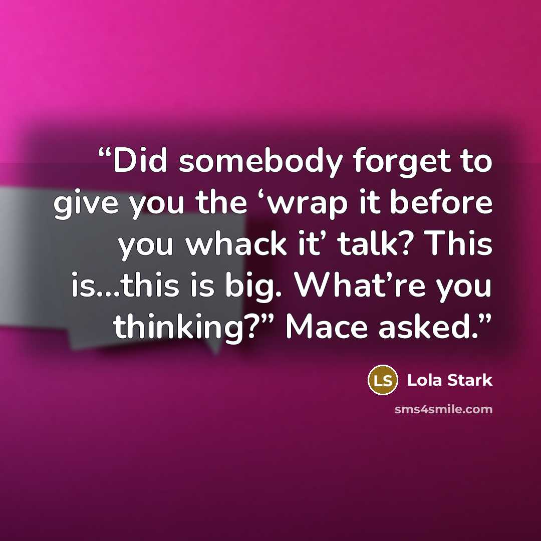 “Did somebody forget to give you the ‘wrap it before you whack it’ talk? This is…this is big. What’re you thinking?” Mace asked.” quote by Lola Stark