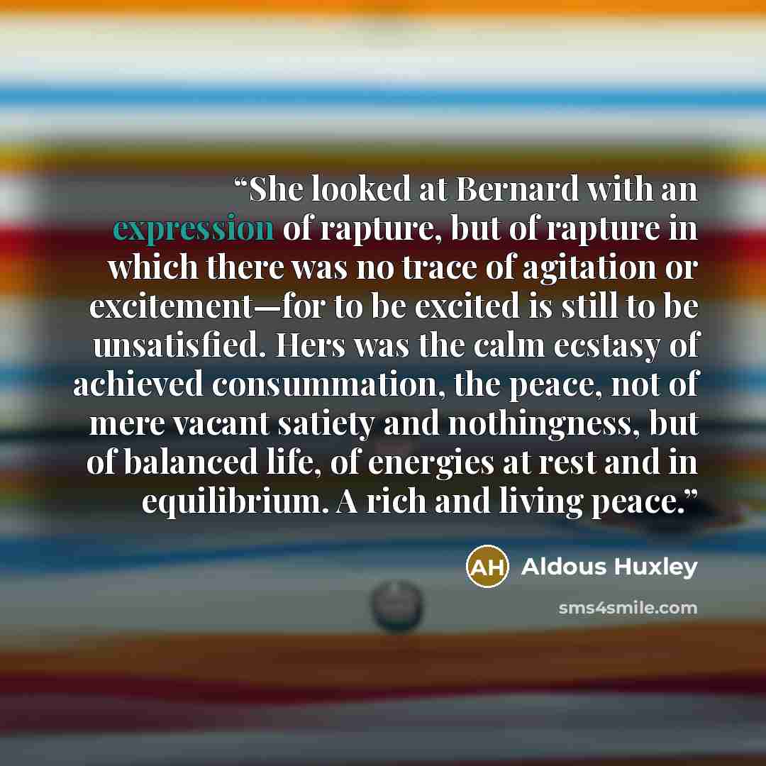 “She looked at Bernard with an expression of rapture, but of rapture in which there was no trace of agitation or excitement—for to be excited is still to be unsatisfied. Hers was the calm ecstasy of achieved consummation, the peace, not of mere vacant satiety and nothingness, but of balanced life…” quote by Aldous Huxley