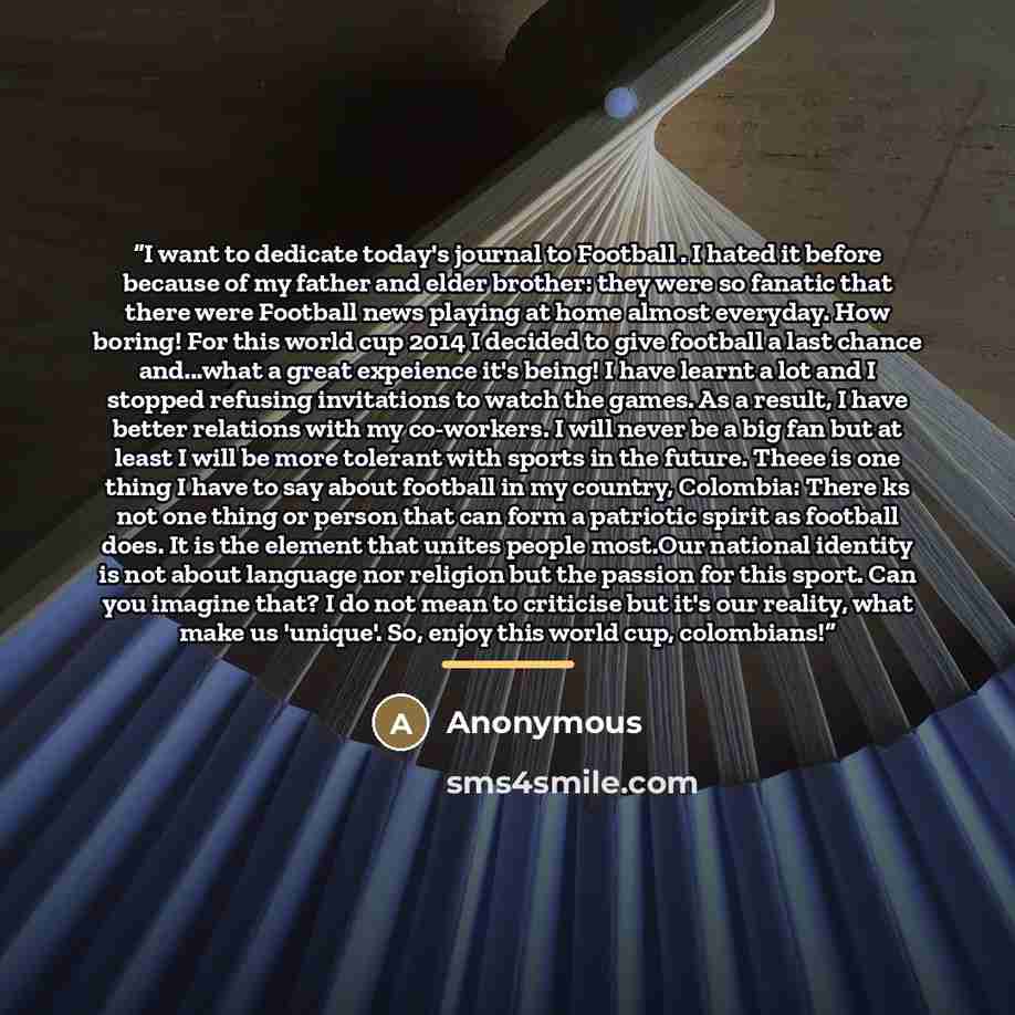 “I want to dedicate today's journal to Football . I hated it before because of my father and elder brother: they were so fanatic that there were Football news playing at home almost everyday. How boring! For this world cup 2014 I decided to give football a last chance and...what a great expeience…” quote by Anonymous