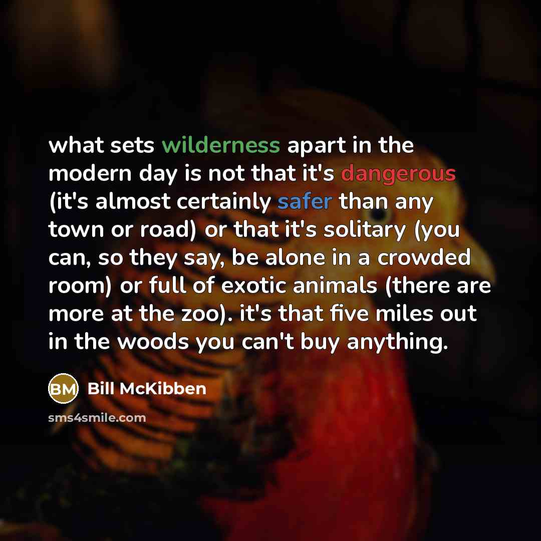 “what sets wilderness apart in the modern day is not that it's dangerous (it's almost certainly safer than any town or road) or that it's solitary (you can, so they say, be alone in a crowded room) or full of exotic animals (there are more at the zoo). it's that five miles out in the woods you…” quote by Bill McKibben