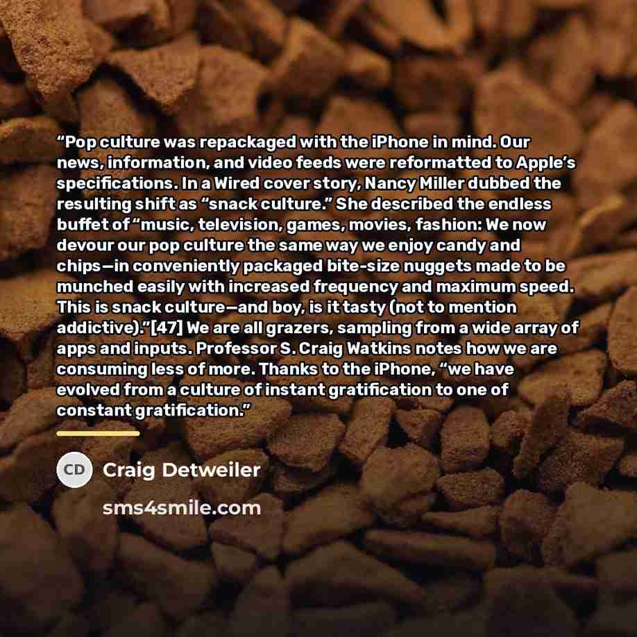 “Pop culture was repackaged with the iPhone in mind. Our news, information, and video feeds were reformatted to Apple’s specifications. In a Wired cover story, Nancy Miller dubbed the resulting shift as “snack culture.” She described the endless buffet of “music, television, games, movies, fashion…” quote by Craig Detweiler