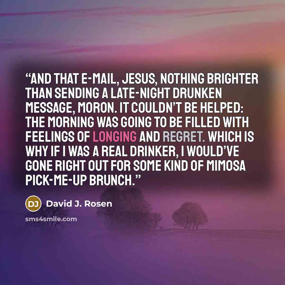 “And that e-mail, Jesus, nothing brighter than sending a late-night drunken message, moron. It couldn’t be helped: The morning was going to be filled with feelings of longing and regret. Which is why if I was a real drinker, I would’ve gone right out for some kind of mimosa pick-me-up brunch.” quote by David J. Rosen