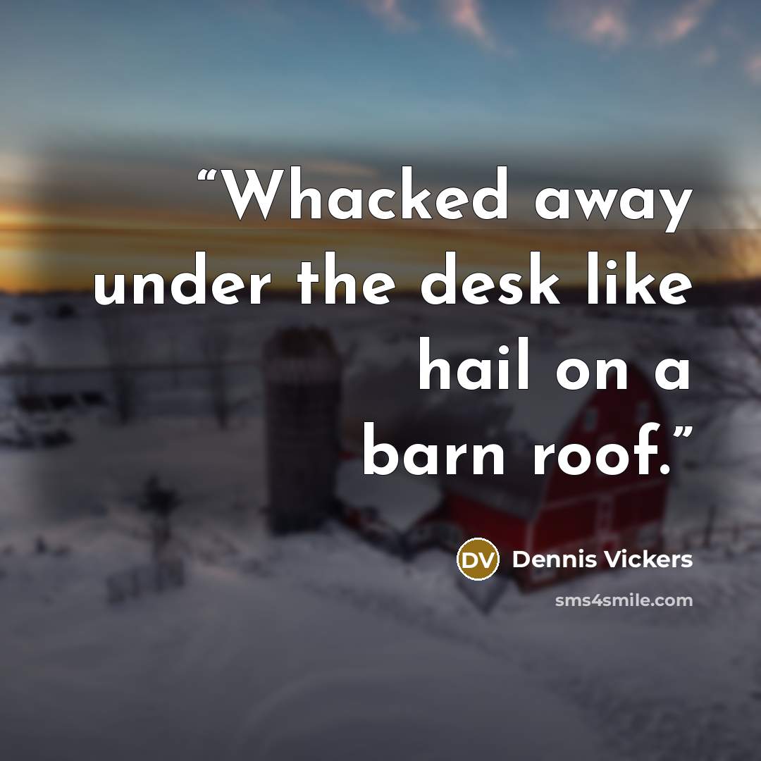 “Whacked away under the desk like hail on a barn roof.” quote by Dennis Vickers