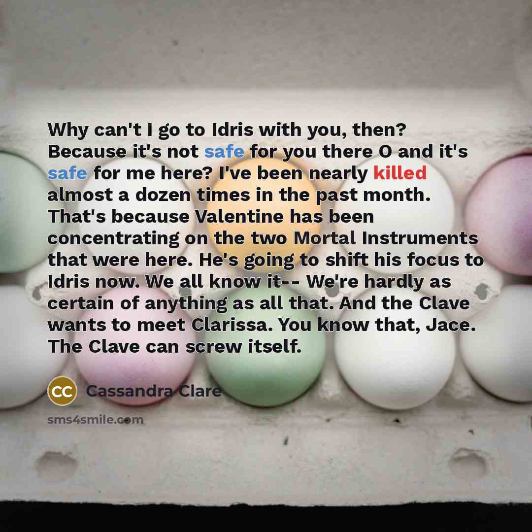 “Why can't I go to Idris with you, then? Because it's not safe for you there O and it's safe for me here? I've been nearly killed almost a dozen times in the past month. That's because Valentine has been concentrating on the two Mortal Instruments that were here. He's going to shift his focus to…” quote by Cassandra Clare