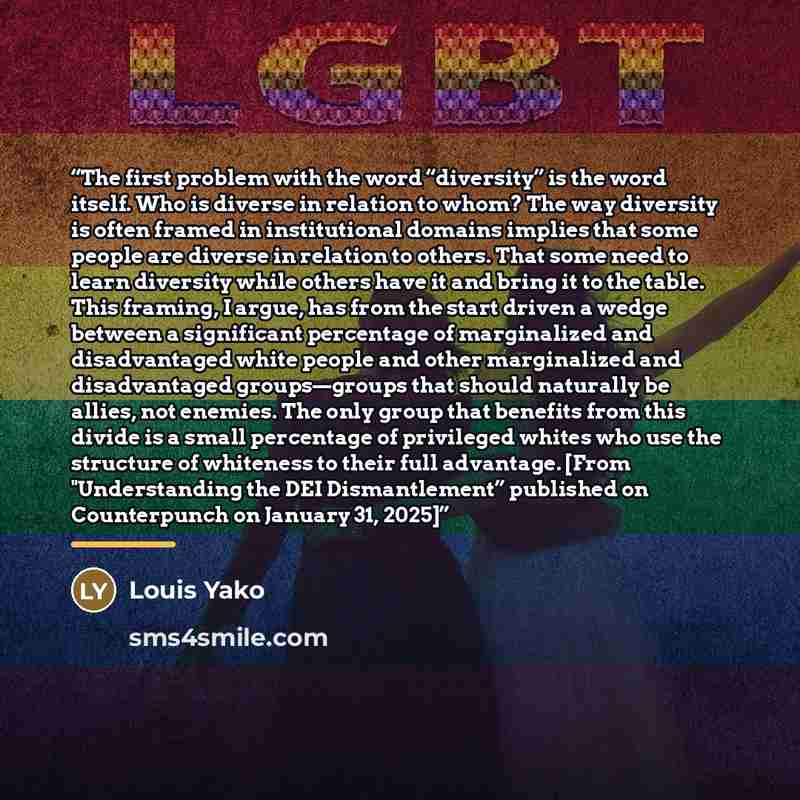 “The first problem with the word “diversity” is the word itself. Who is diverse in relation to whom? The way diversity is often framed in institutional domains implies that some people are diverse in relation to others. That some need to learn diversity while others have it and bring it to the…” quote by Louis Yako