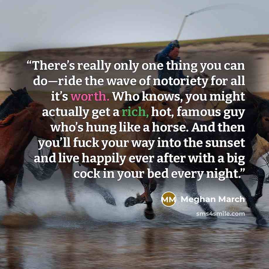 “There’s really only one thing you can do—ride the wave of notoriety for all it’s worth. Who knows, you might actually get a rich, hot, famous guy who’s hung like a horse. And then you’ll fuck your way into the sunset and live happily ever after with a big cock in your bed every night.” quote by Meghan March