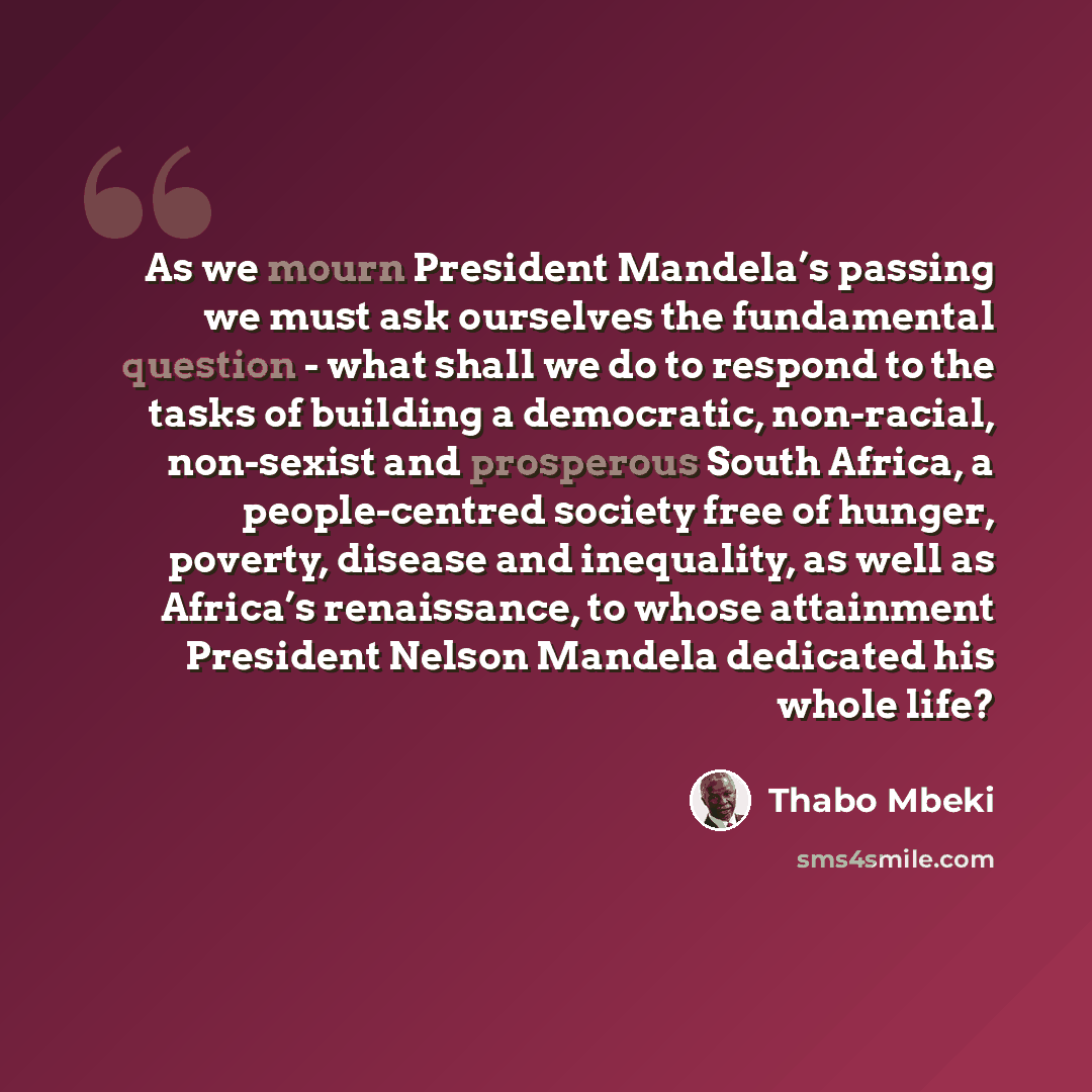 “As we mourn President Mandela’s passing we must ask ourselves the fundamental question - what shall we do to respond to the tasks of building a democratic, non-racial, non-sexist and prosperous South Africa, a people-centred society free of hunger, poverty, disease and inequality, as well as…” quote by Thabo Mbeki