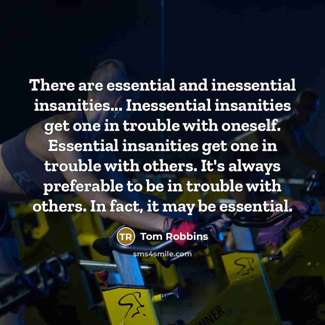 “There are essential and inessential insanities... Inessential insanities get one in trouble with oneself. Essential insanities get one in trouble with others. It's always preferable to be in trouble with others. In fact, it may be essential.” quote by Tom Robbins