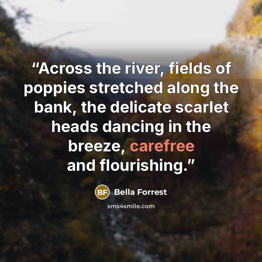 “Across the river, fields of poppies stretched along the bank, the delicate scarlet heads dancing in the breeze, carefree and flourishing.” quote by Bella Forrest