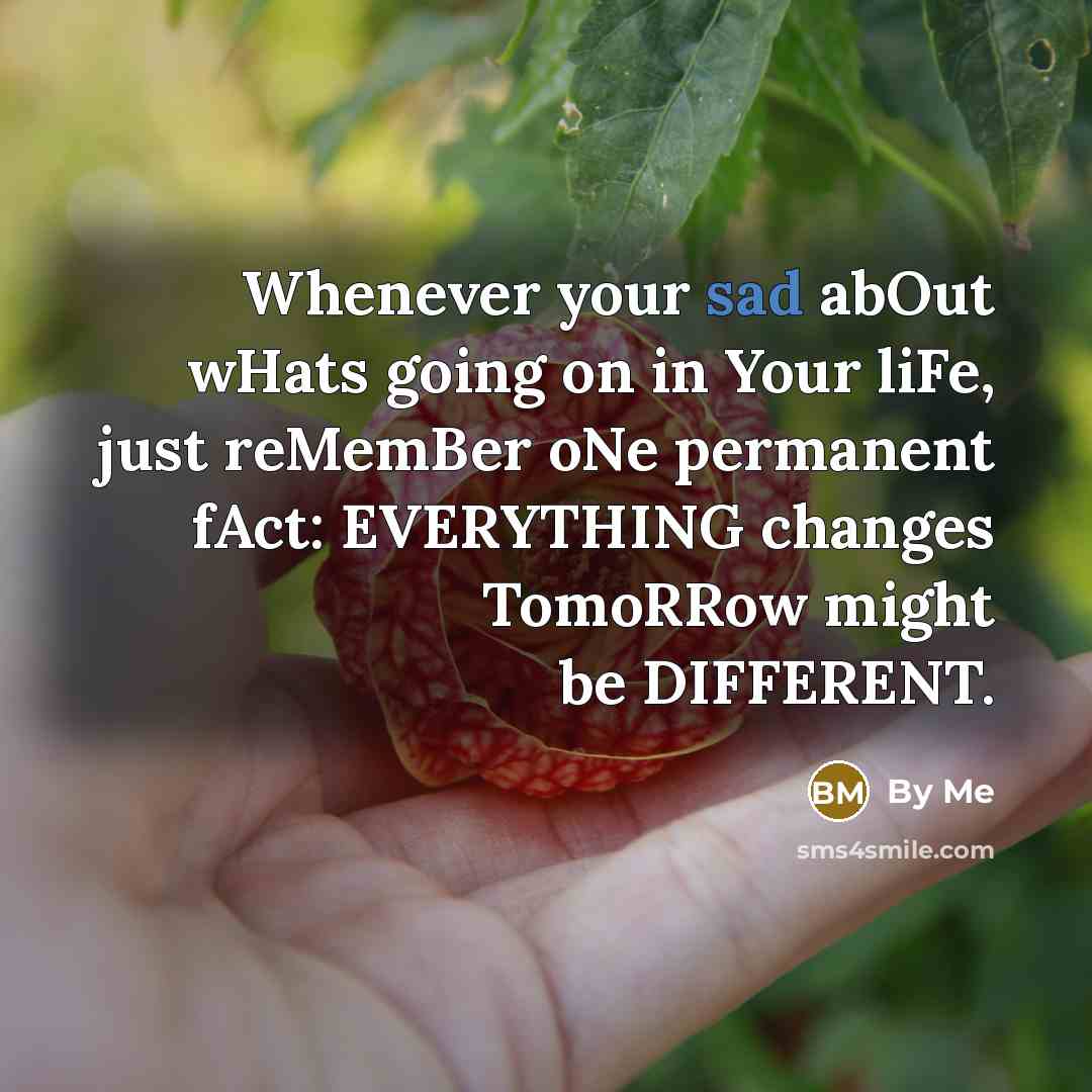 “Whenever your sad abOut wHats going on in Your liFe, just reMemBer oNe permanent fAct: EVERYTHING changes TomoRRow might be DIFFERENT.” quote by By ME