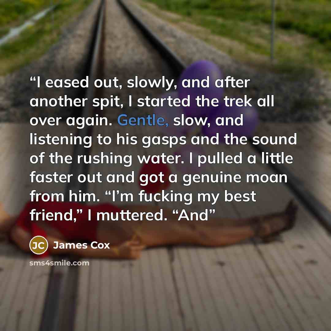 “I eased out, slowly, and after another spit, I started the trek all over again. Gentle, slow, and listening to his gasps and the sound of the rushing water. I pulled a little faster out and got a genuine moan from him. “I’m fucking my best friend,” I muttered. “And” quote by James Cox