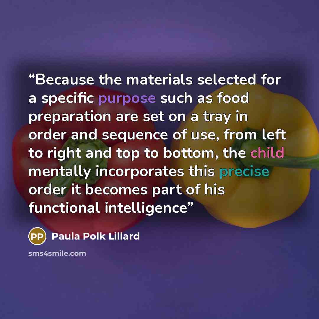 “Because the materials selected for a specific purpose such as food preparation are set on a tray in order and sequence of use, from left to right and top to bottom, the child mentally incorporates this precise order it becomes part of his functional intelligence” quote by Paula Polk Lillard