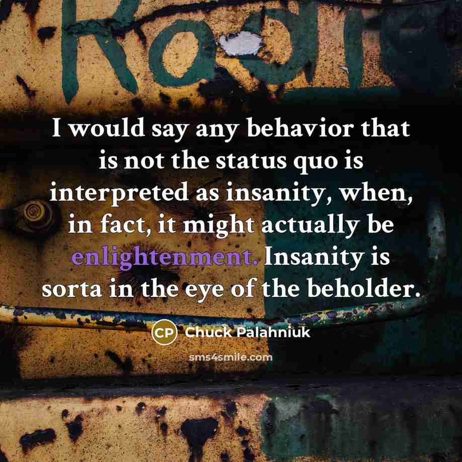 “I would say any behavior that is not the status quo is interpreted as insanity, when, in fact, it might actually be enlightenment. Insanity is sorta in the eye of the beholder.” quote by Chuck Palahniuk