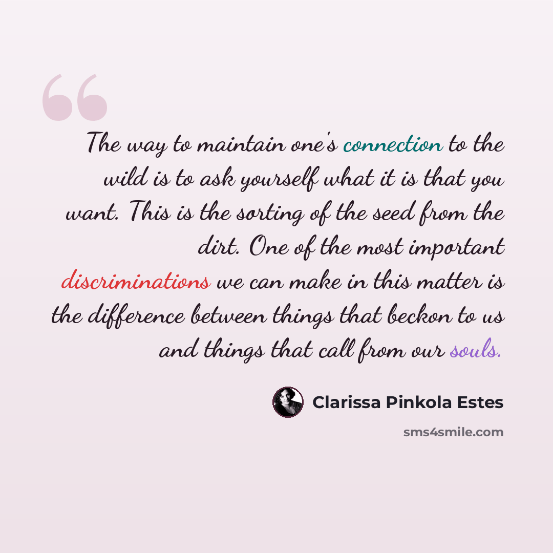 “The way to maintain one's connection to the wild is to ask yourself what it is that you want. This is the sorting of the seed from the dirt. One of the most important discriminations we can make in this matter is the difference between things that beckon to us and things that call from our souls.” quote by Clarissa Pinkola Estes