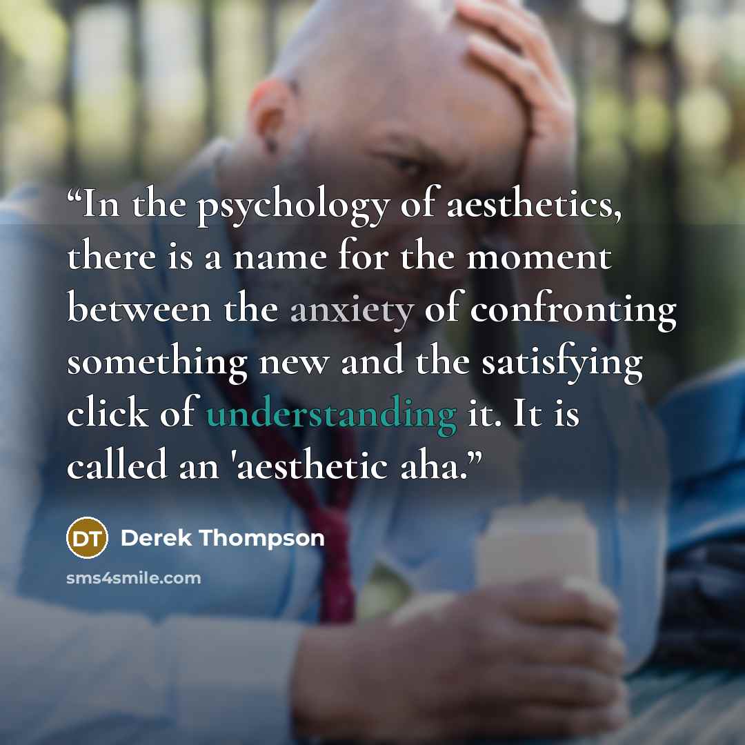 “In the psychology of aesthetics, there is a name for the moment between the anxiety of confronting something new and the satisfying click of understanding it. It is called an 'aesthetic aha.” quote by Derek Thompson