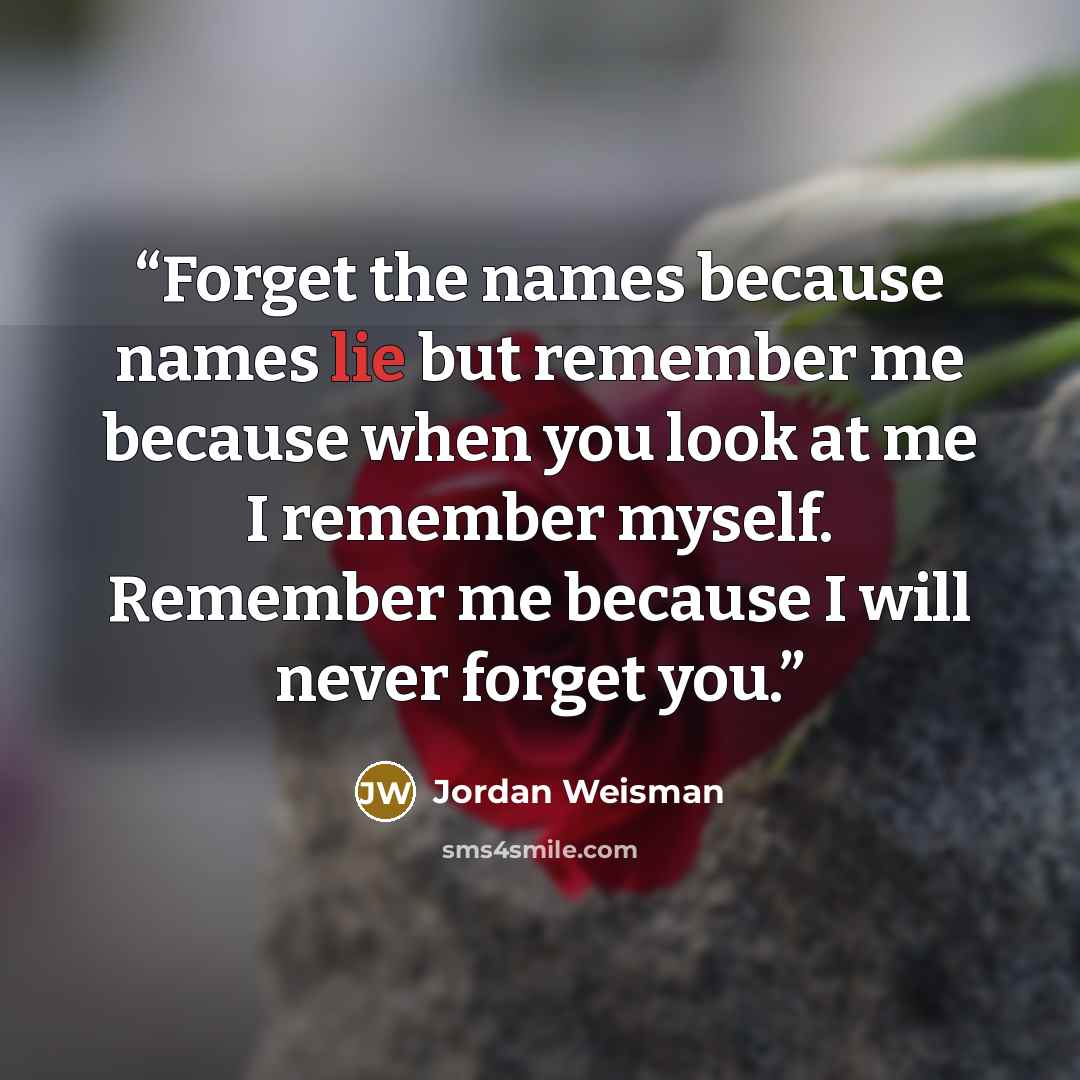 “Forget the names because names lie but remember me because when you look at me I remember myself. Remember me because I will never forget you.” quote by Jordan Weisman