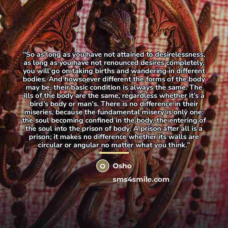 “So as long as you have not attained to desirelessness, as long as you have not renounced desires completely, you will go on taking births and wandering in different bodies. And howsoever different the forms of the body may be, their basic condition is always the same. The ills of the body are the…” quote by Osho