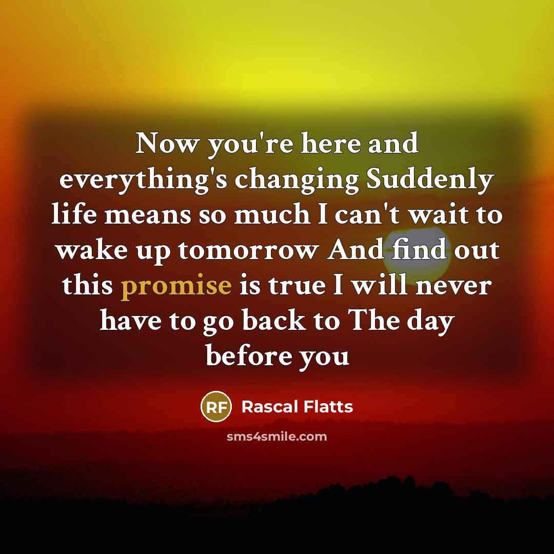 “Now you're here and everything's changing Suddenly life means so much I can't wait to wake up tomorrow And find out this promise is true I will never have to go back to The day before you” quote by Rascal Flatts