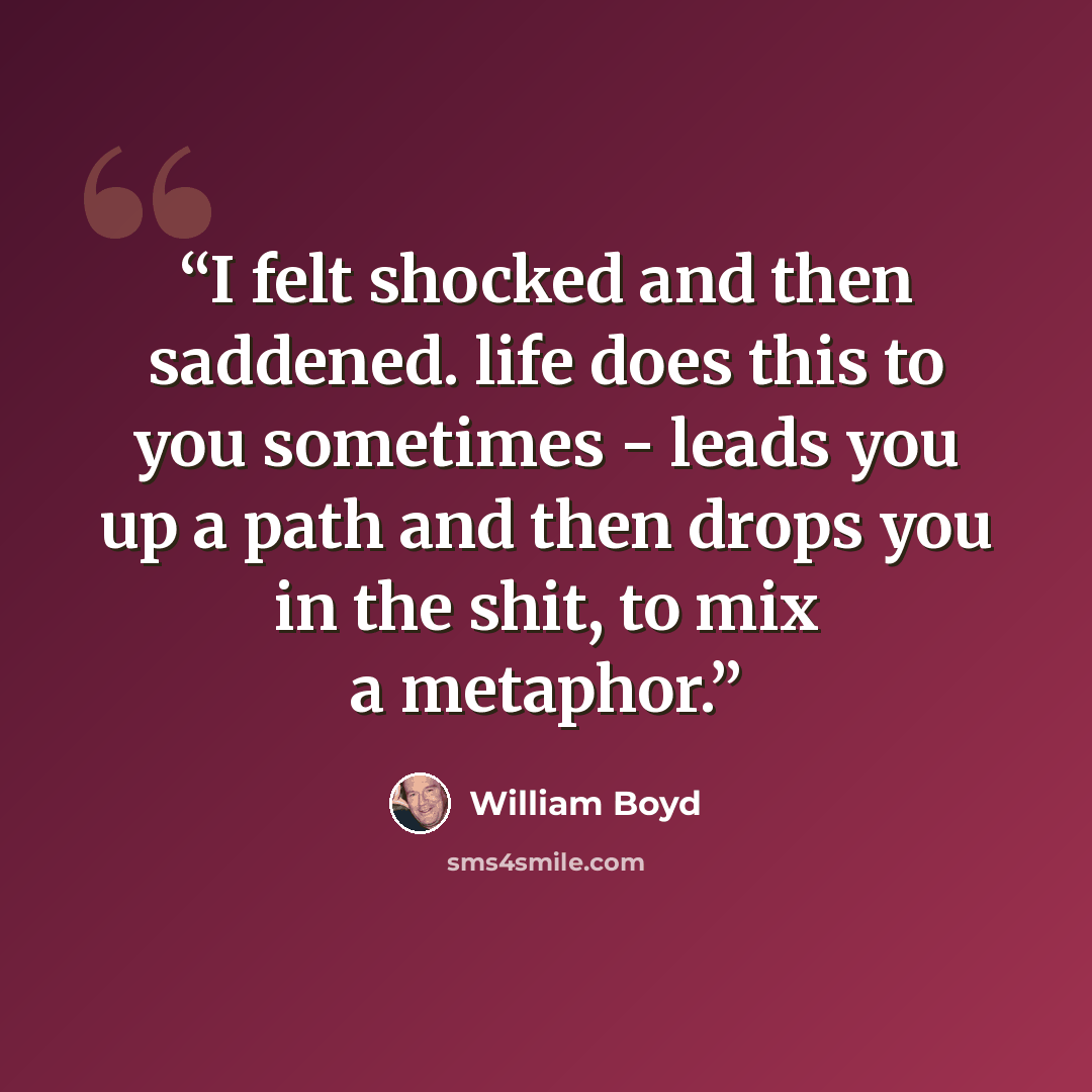 “I felt shocked and then saddened. life does this to you sometimes - leads you up a path and then drops you in the shit, to mix a metaphor.” quote by William Boyd