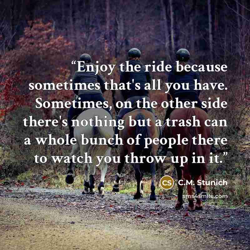 “Enjoy the ride because sometimes that's all you have. Sometimes, on the other side there's nothing but a trash can a whole bunch of people there to watch you throw up in it.” quote by C.M. Stunich