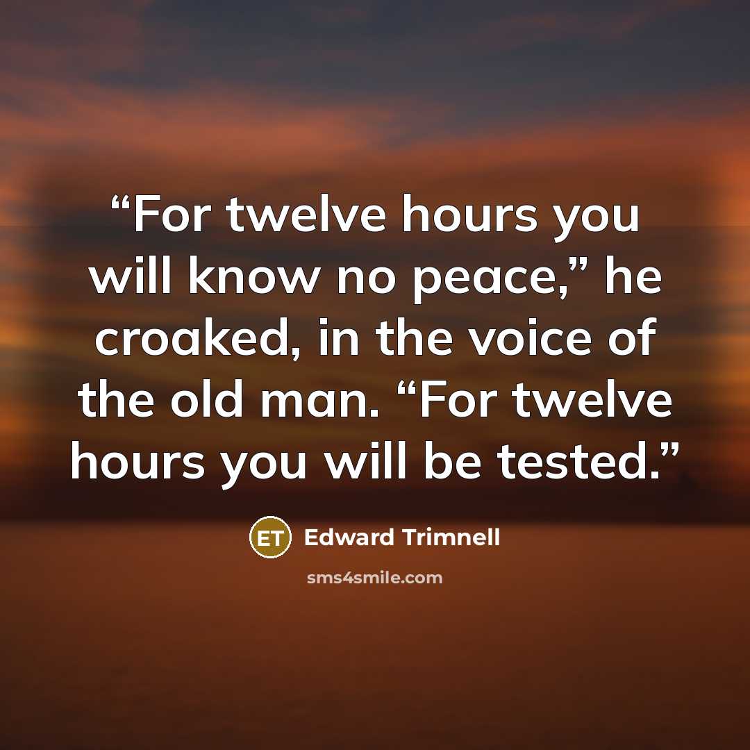 “For twelve hours you will know no peace,” he croaked, in the voice of the old man. “For twelve hours you will be tested.” quote by Edward Trimnell