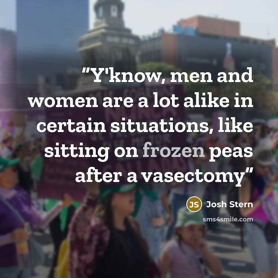 “Y'know, men and women are a lot alike in certain situations, like sitting on frozen peas after a vasectomy” quote by Josh Stern