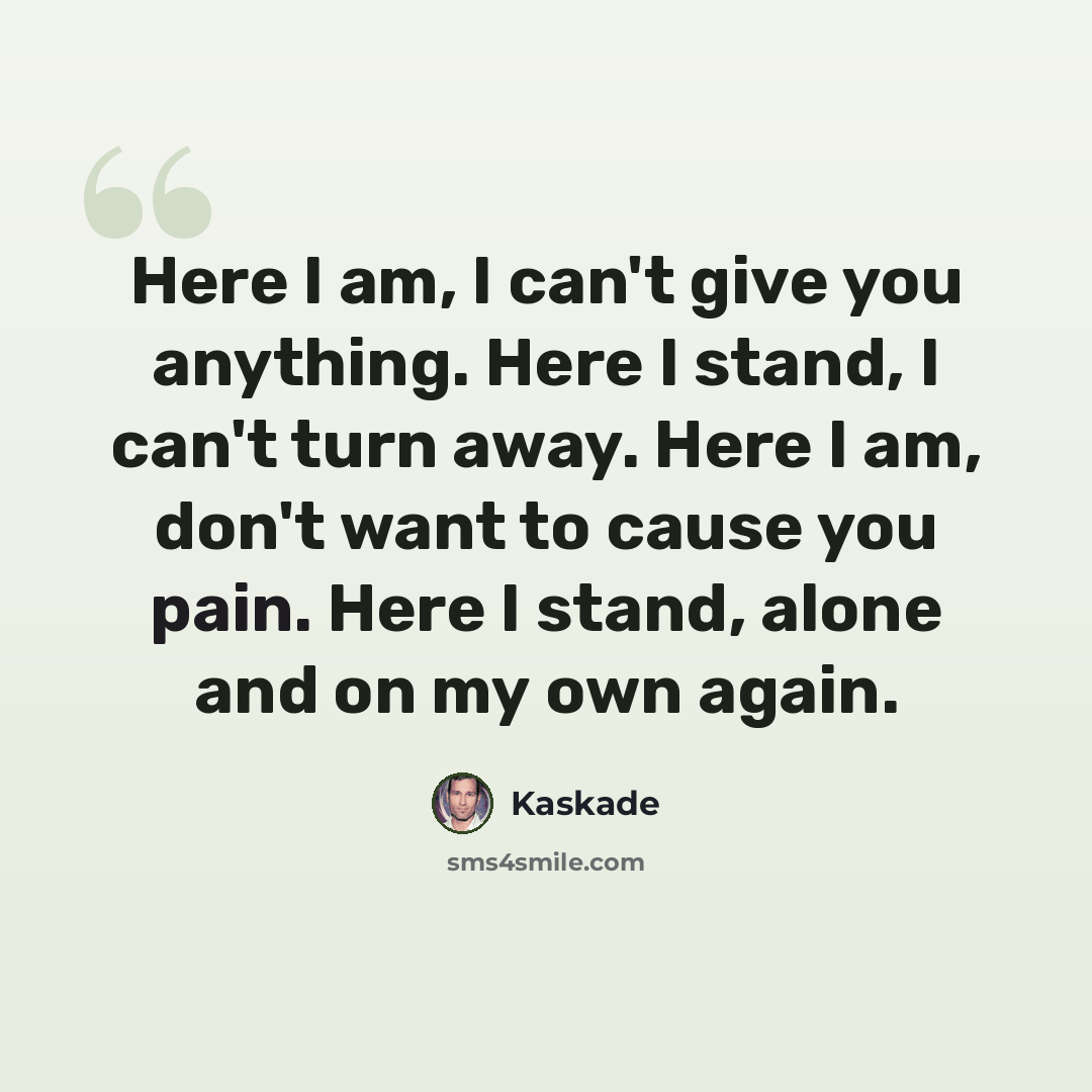 “Here I am, I can't give you anything. Here I stand, I can't turn away. Here I am, don't want to cause you pain. Here I stand, alone and on my own again.” quote by Kaskade