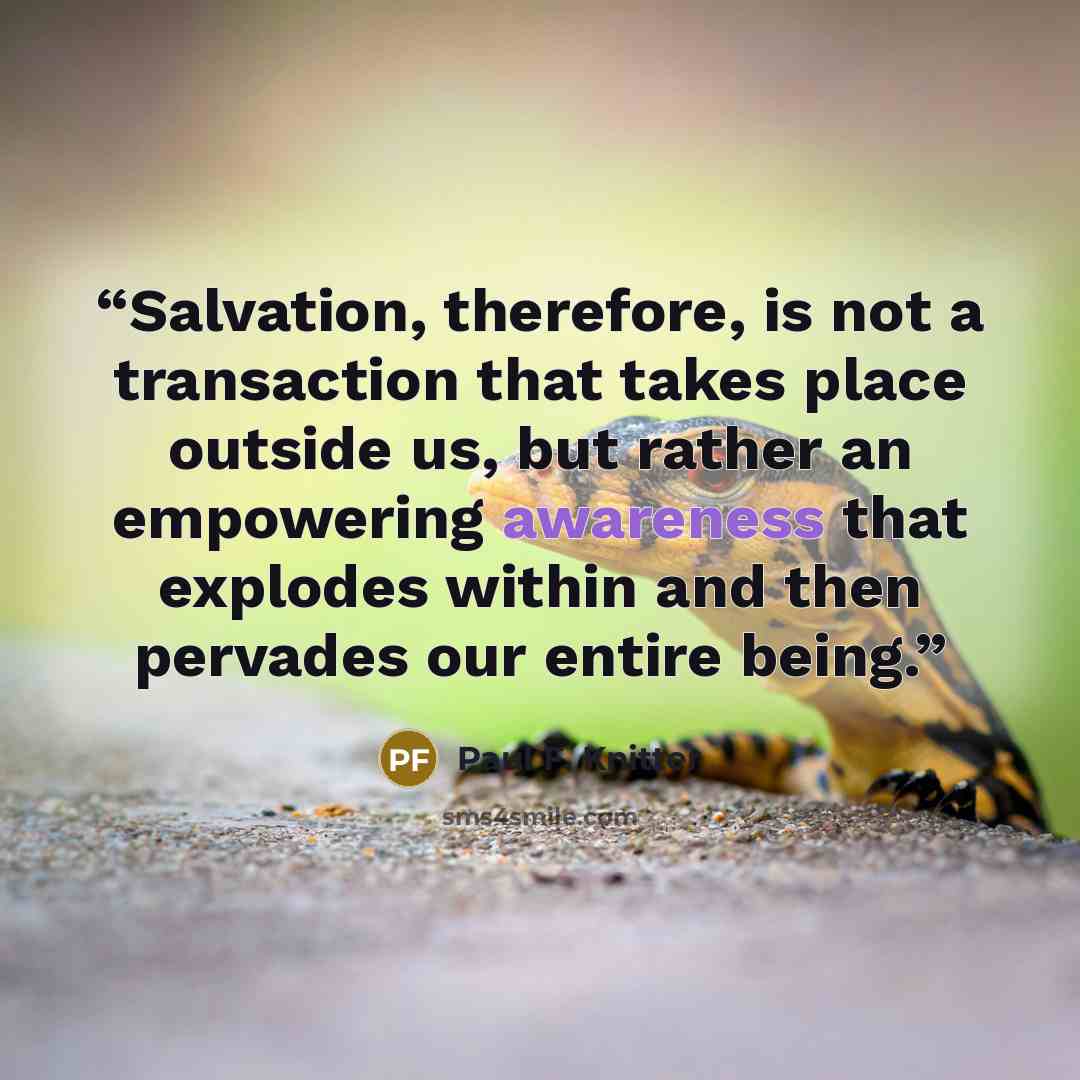 “Salvation, therefore, is not a transaction that takes place outside us, but rather an empowering awareness that explodes within and then pervades our entire being.” quote by Paul F. Knitter