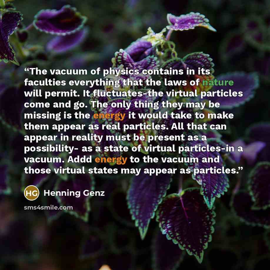 “The vacuum of physics contains in its faculties everything that the laws of nature will permit. It fluctuates-the virtual particles come and go. The only thing they may be missing is the energy it would take to make them appear as real particles. All that can appear in reality must be present as a…” quote by Henning Genz