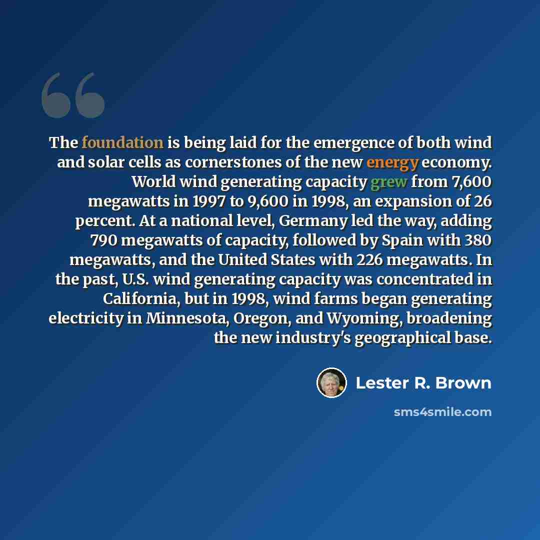 “The foundation is being laid for the emergence of both wind and solar cells as cornerstones of the new energy economy. World wind generating capacity grew from 7,600 megawatts in 1997 to 9,600 in 1998, an expansion of 26 percent. At a national level, Germany led the way, adding 790 megawatts of…” quote by Lester R. Brown