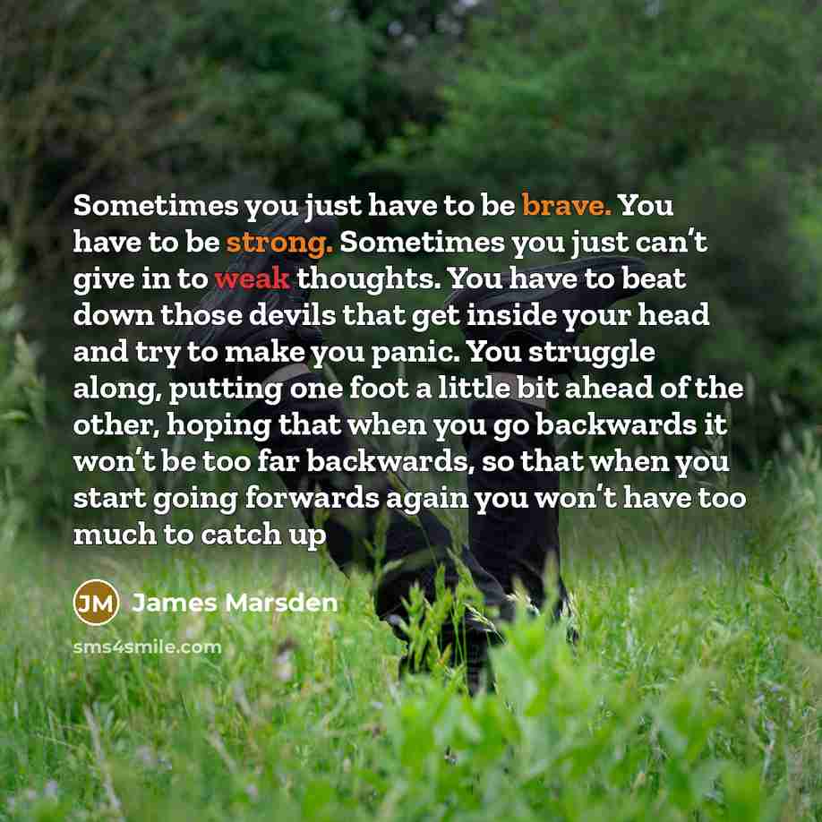 “Sometimes you just have to be brave. You have to be strong. Sometimes you just can’t give in to weak thoughts. You have to beat down those devils that get inside your head and try to make you panic. You struggle along, putting one foot a little bit ahead of the other, hoping that when you go…” quote by James Marsden