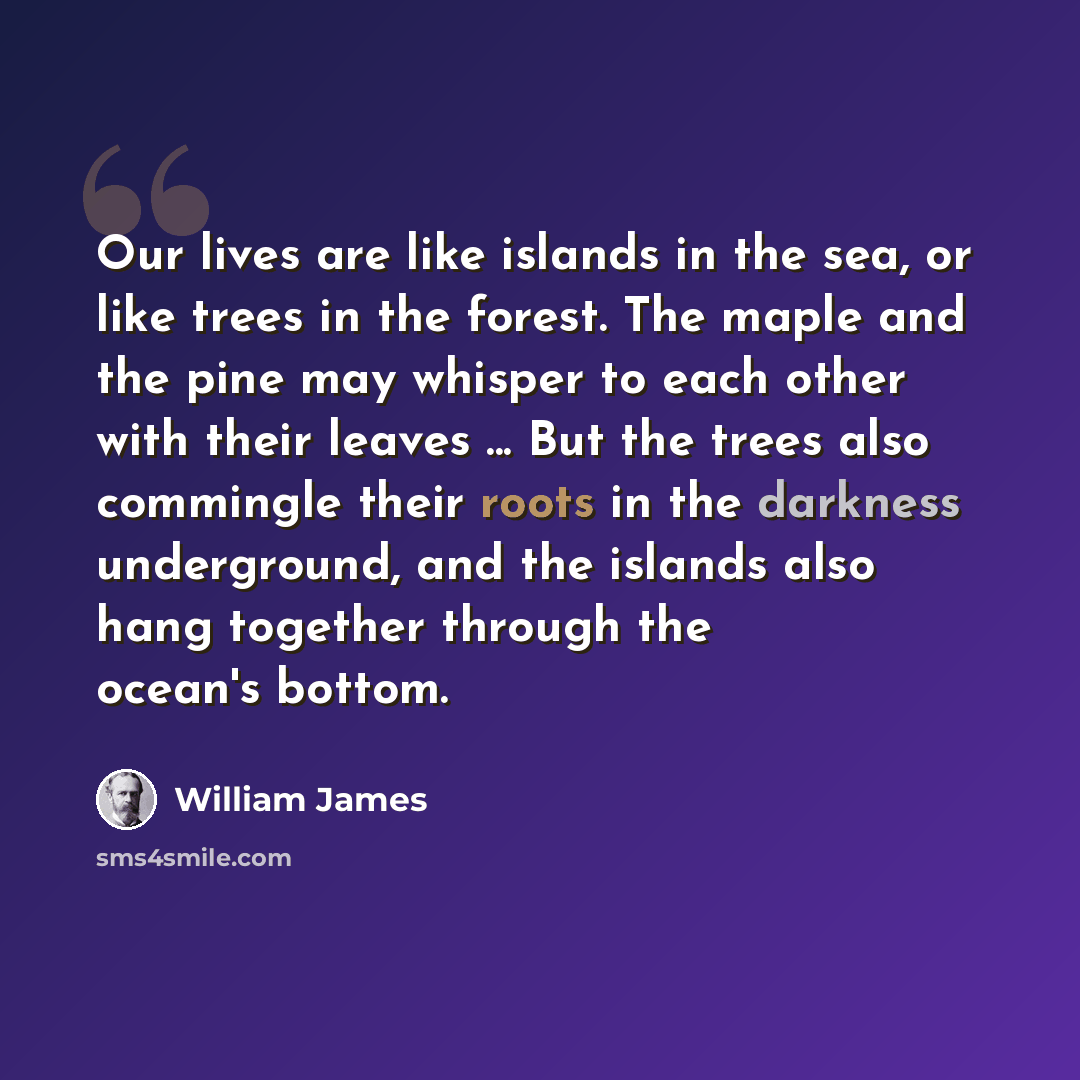 “Our lives are like islands in the sea, or like trees in the forest. The maple and the pine may whisper to each other with their leaves ... But the trees also commingle their roots in the darkness underground, and the islands also hang together through the ocean's bottom.” quote by William James