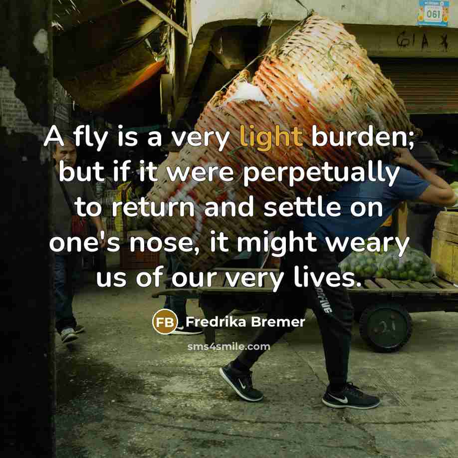 “A fly is a very light burden; but if it were perpetually to return and settle on one's nose, it might weary us of our very lives.” quote by Fredrika Bremer