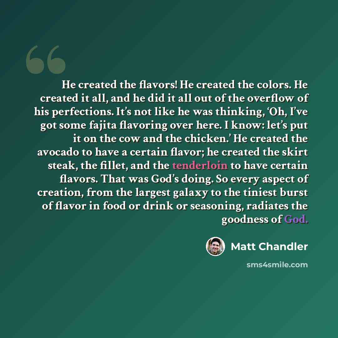 “He created the flavors! He created the colors. He created it all, and he did it all out of the overflow of his perfections. It’s not like he was thinking, ‘Oh, I’ve got some fajita flavoring over here. I know: let’s put it on the cow and the chicken.’ He created the avocado to have a certain…” quote by Matt Chandler